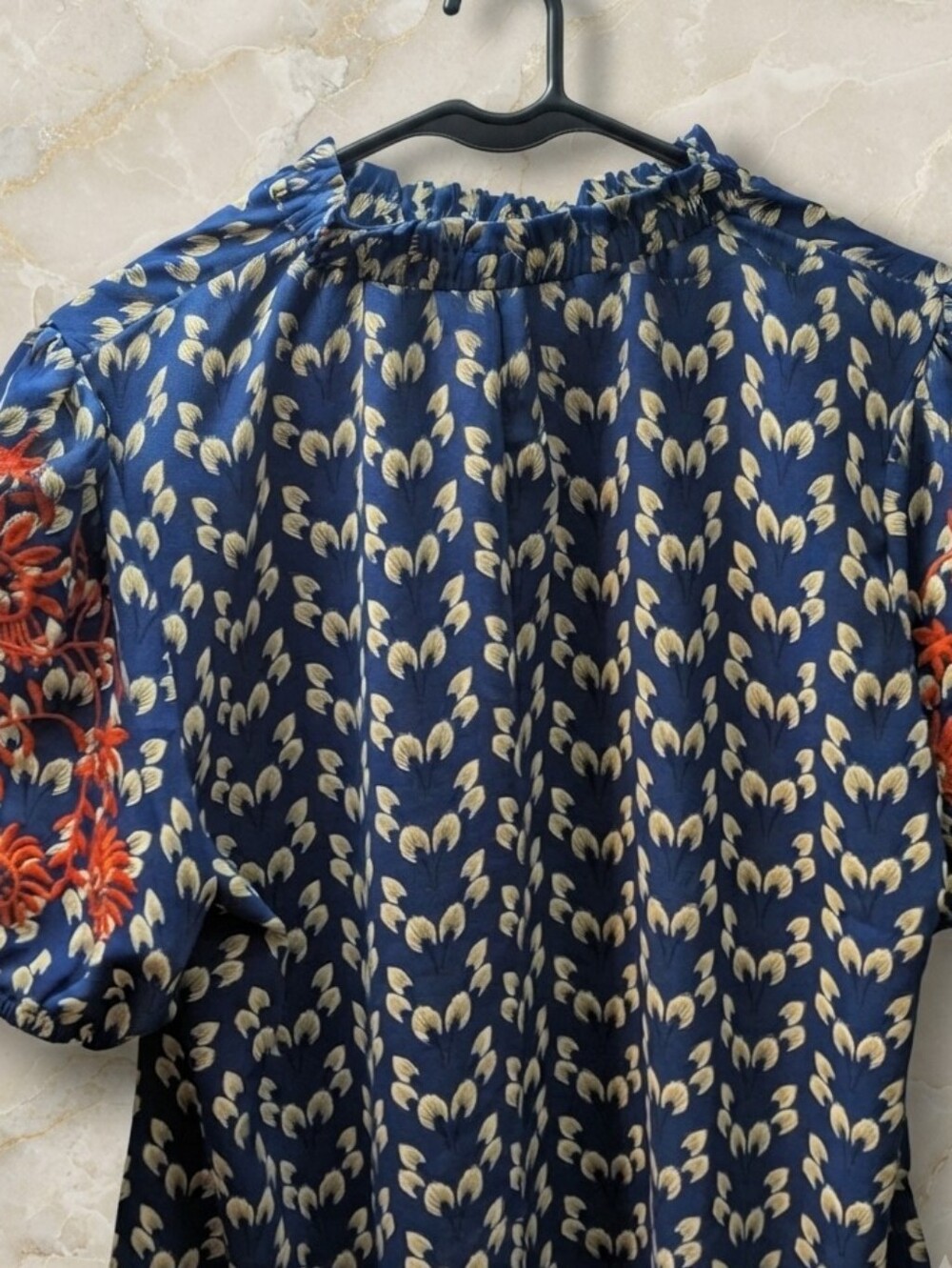 SHEIN Boho Embroidered Puff Sleeve Blouse Blue Cream Floral Peasant Top - Picture 3 of 9